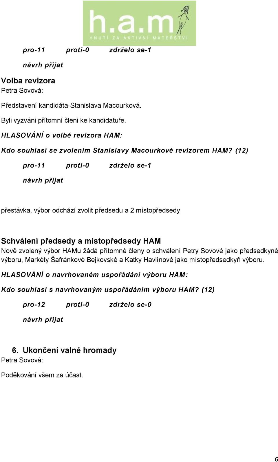 (12) přestávka, výbor odchází zvolit předsedu a 2 místopředsedy Schválení předsedy a místopředsedy HAM Nově zvolený výbor HAMu ţádá přítomné členy o