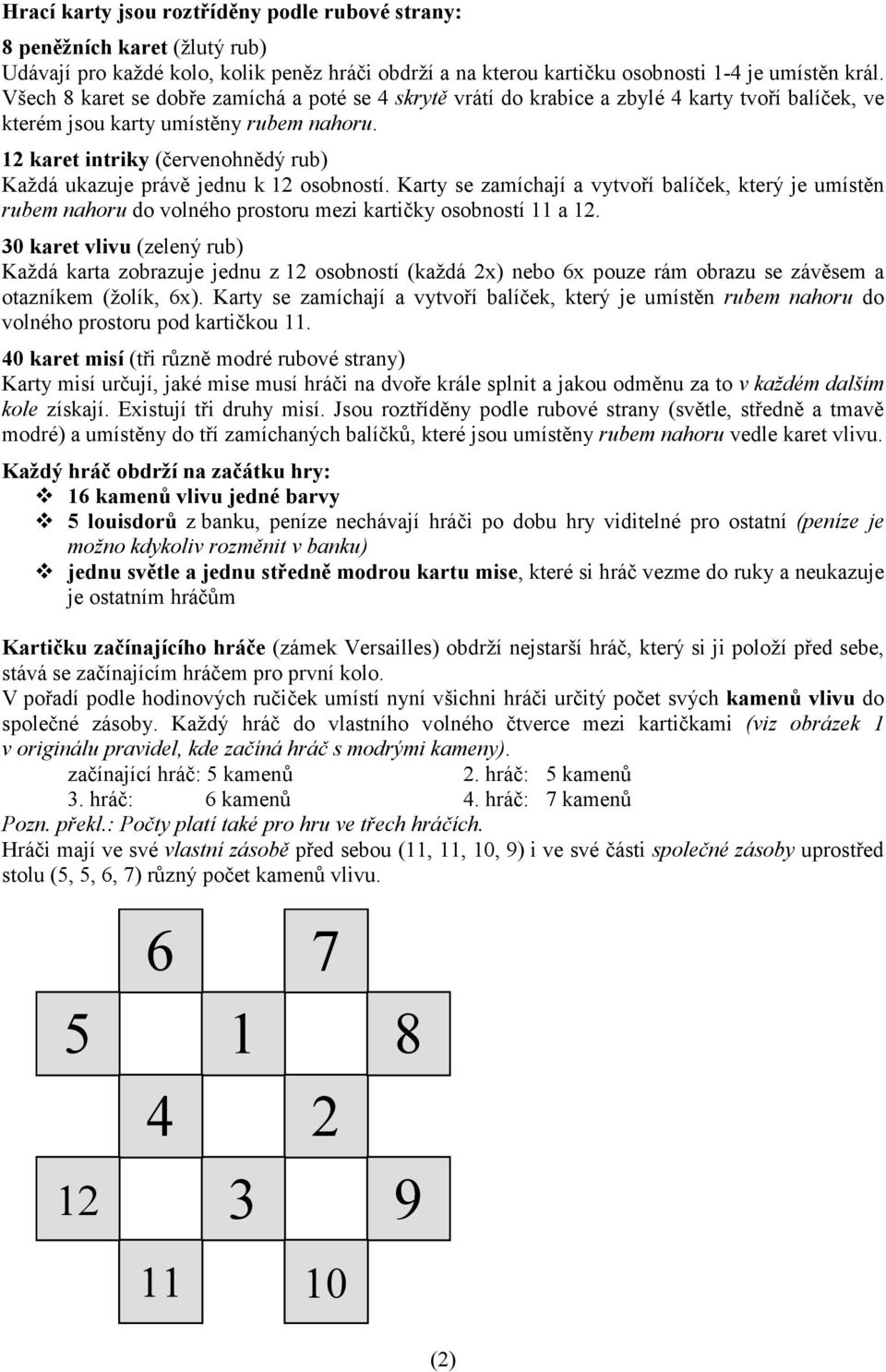 12 karet intriky (červenohnědý rub) Každá ukazuje právě jednu k 12 osobností. Karty se zamíchají a vytvoří balíček, který je umístěn rubem nahoru do volného prostoru mezi kartičky osobností 11 a 12.