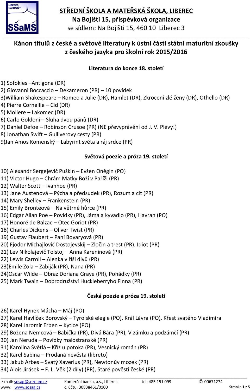 (DR) 5) Moliere Lakomec (DR) 6) Carlo Goldoni Sluha dvou pánů (DR) 7) Daniel Defoe Robinson Crusoe (PR) (NE převyprávění od J. V. Plevy!