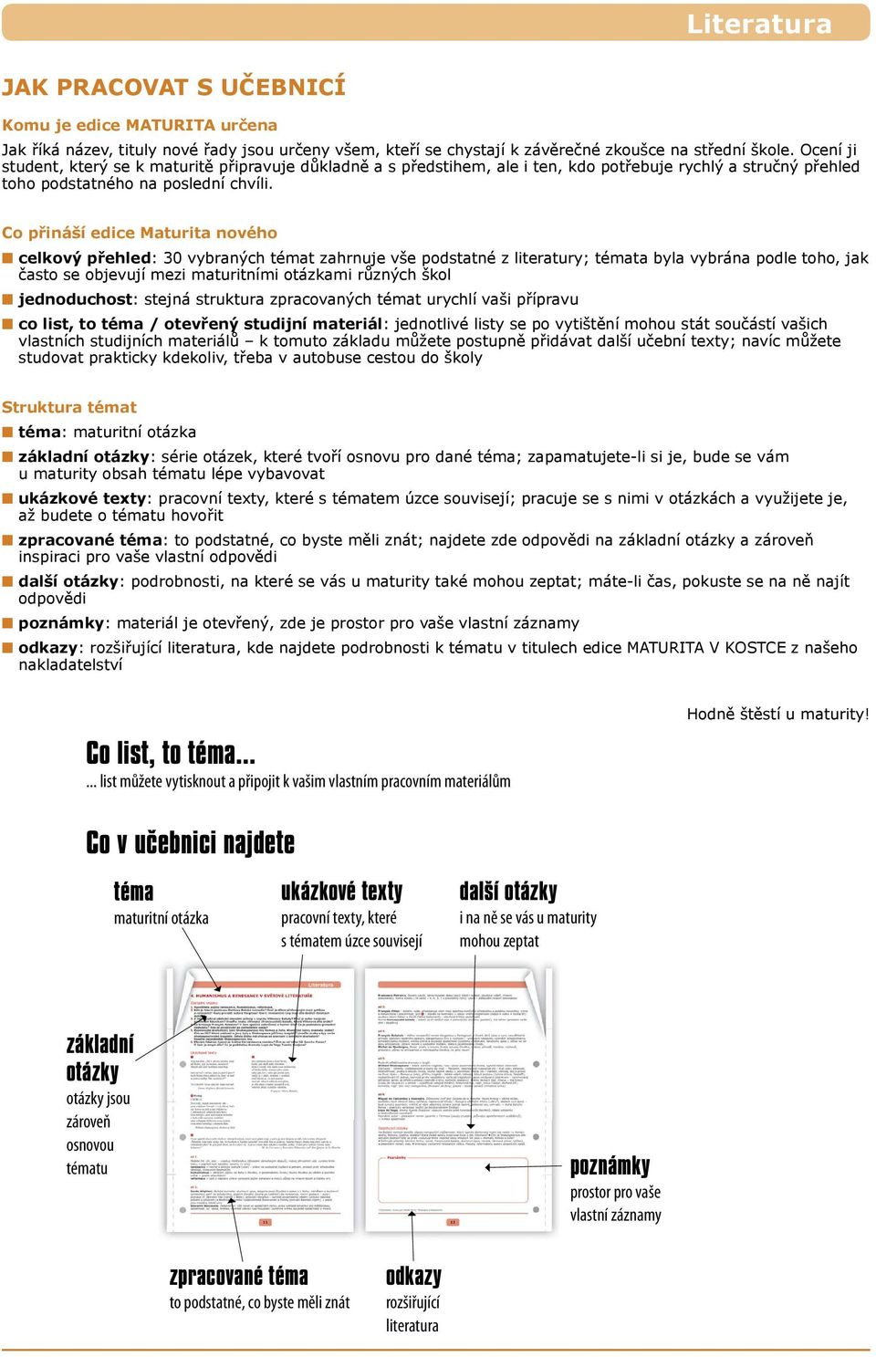 Ocení ji student, který se k maturitě připravuje důkladně a s předstihem, ale i ten, kdo potřebuje rychlý a stručný přehled toho podstatného na poslední chvíli.