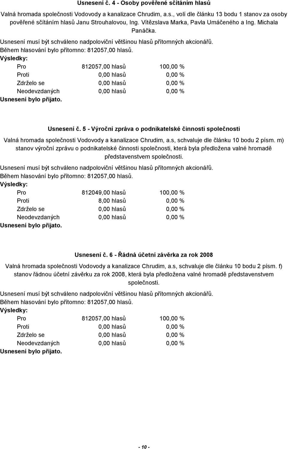 5 - Výroční zpráva o podnikatelské činnosti společnosti Valná hromada společnosti Vodovody a kanalizace Chrudim, a.s, schvaluje dle článku 10 bodu 2 písm.