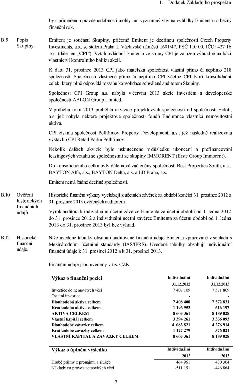 Vztah ovládání Emitenta ze strany CPI je založen výhradně na bázi vlastnictví kontrolního balíku akcií. K datu 31. prosince 2013 CPI jako mateřská společnost vlastní přímo či nepřímo 218 společností.