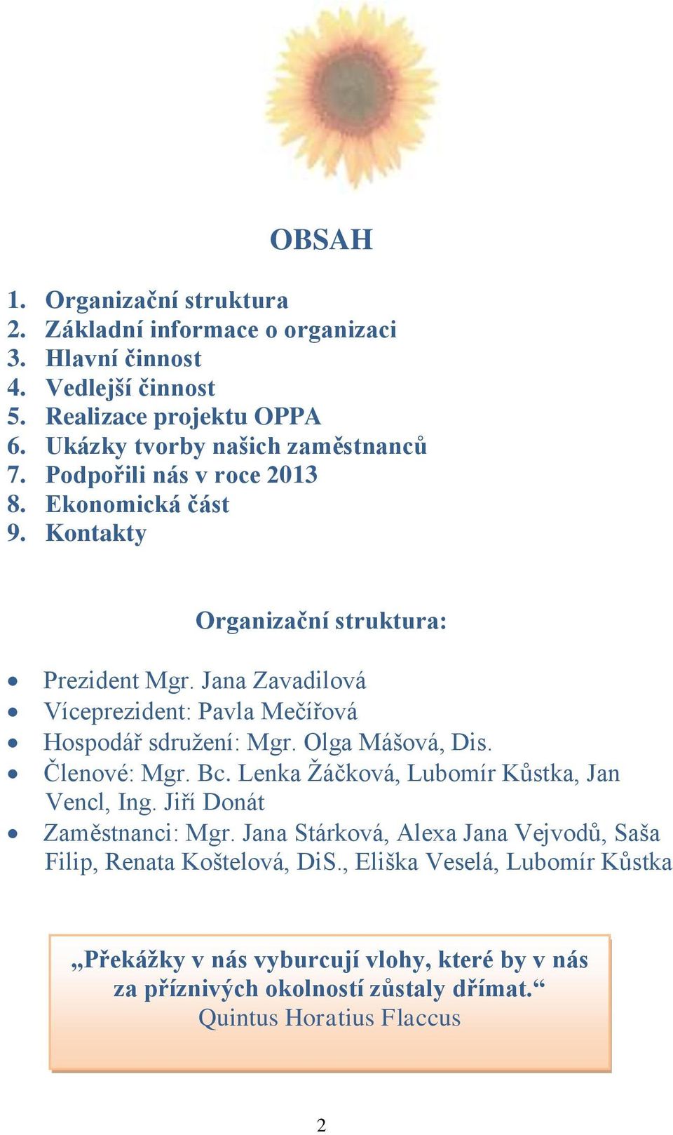 Jana Zavadilová Víceprezident: Pavla Mečířová Hospodář sdružení: Mgr. Olga Mášová, Dis. Členové: Mgr. Bc. Lenka Žáčková, Lubomír Kůstka, Jan Vencl, Ing.