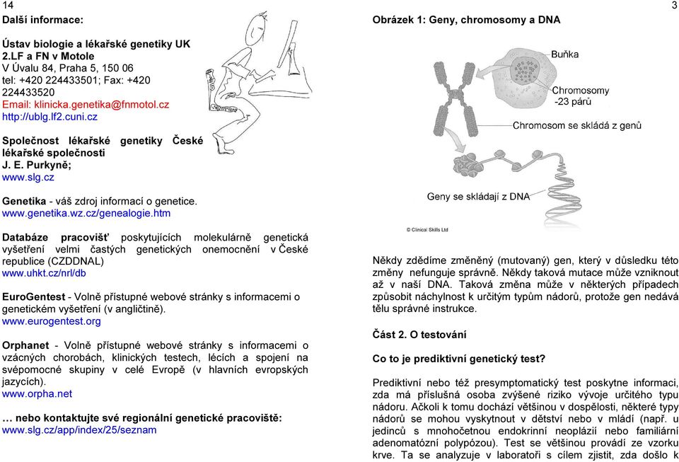 htm Obrázek 1: Geny, chromosomy a DNA 3 Databáze pracovišť poskytujících molekulárně genetická vyšetření velmi častých genetických onemocnění v České republice (CZDDNAL) www.uhkt.