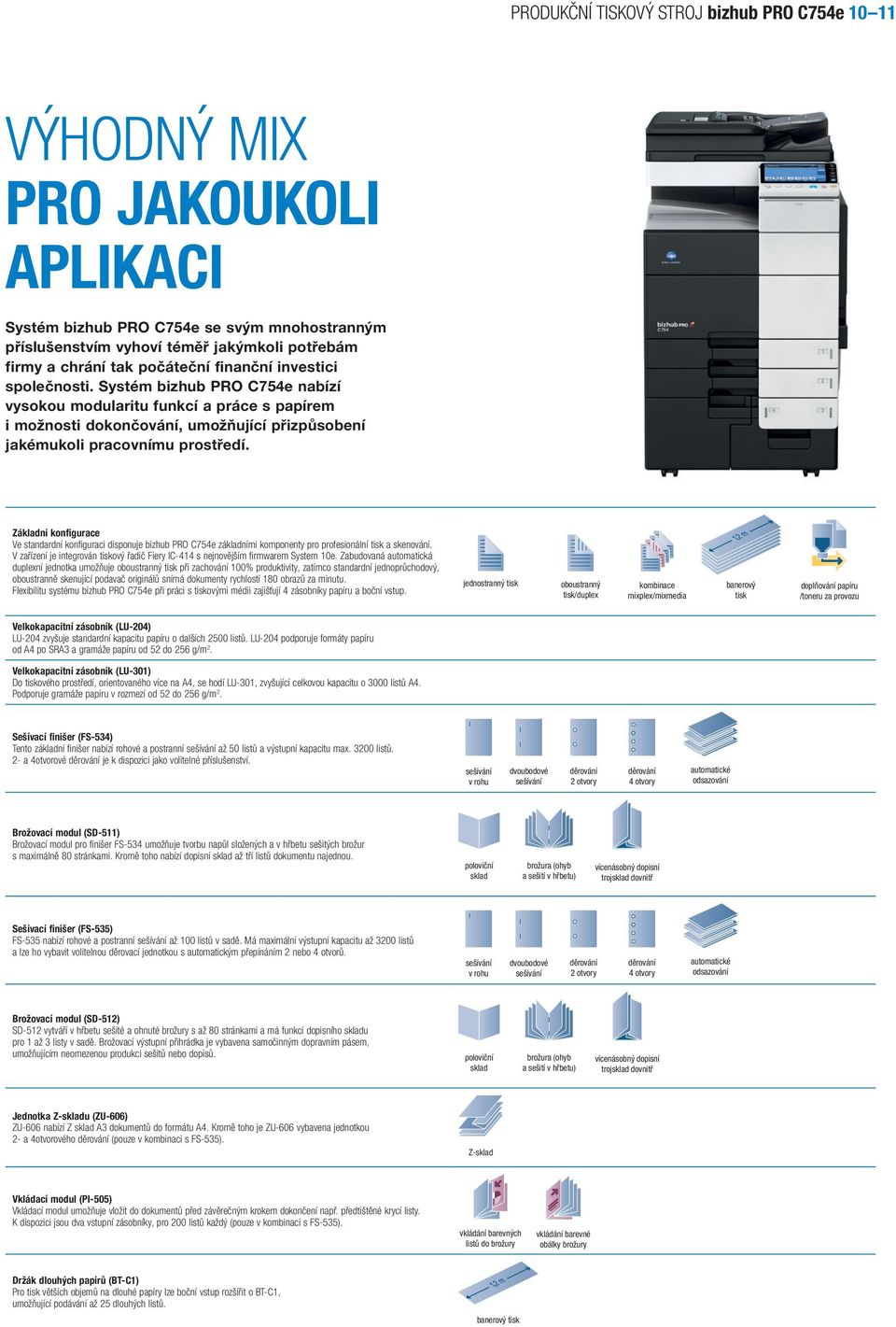 základní konfigurace Ve standardní konfiguraci disponuje bizhub PRO C754e základními komponenty pro profesionální tisk a skenování.