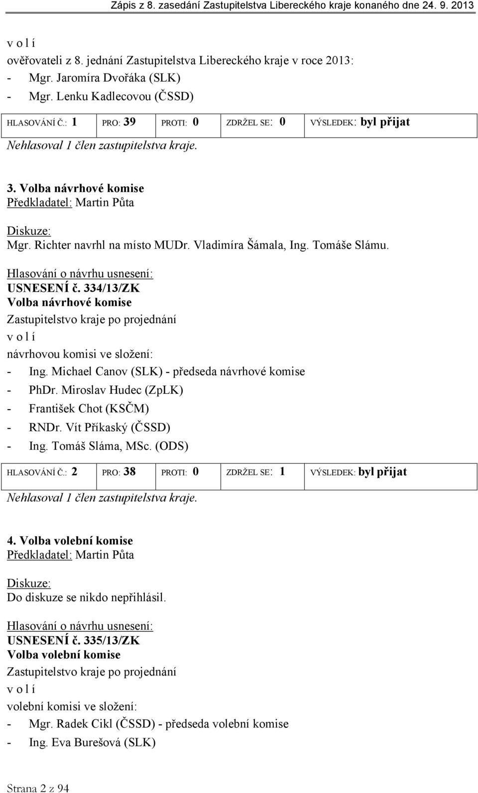 Vladimíra Šámala, Ing. Tomáše Slámu. Hlasování o návrhu usnesení: USNESENÍ č. 334/13/ZK Volba návrhové komise Zastupitelstvo kraje po projednání volí návrhovou komisi ve složení: - Ing.