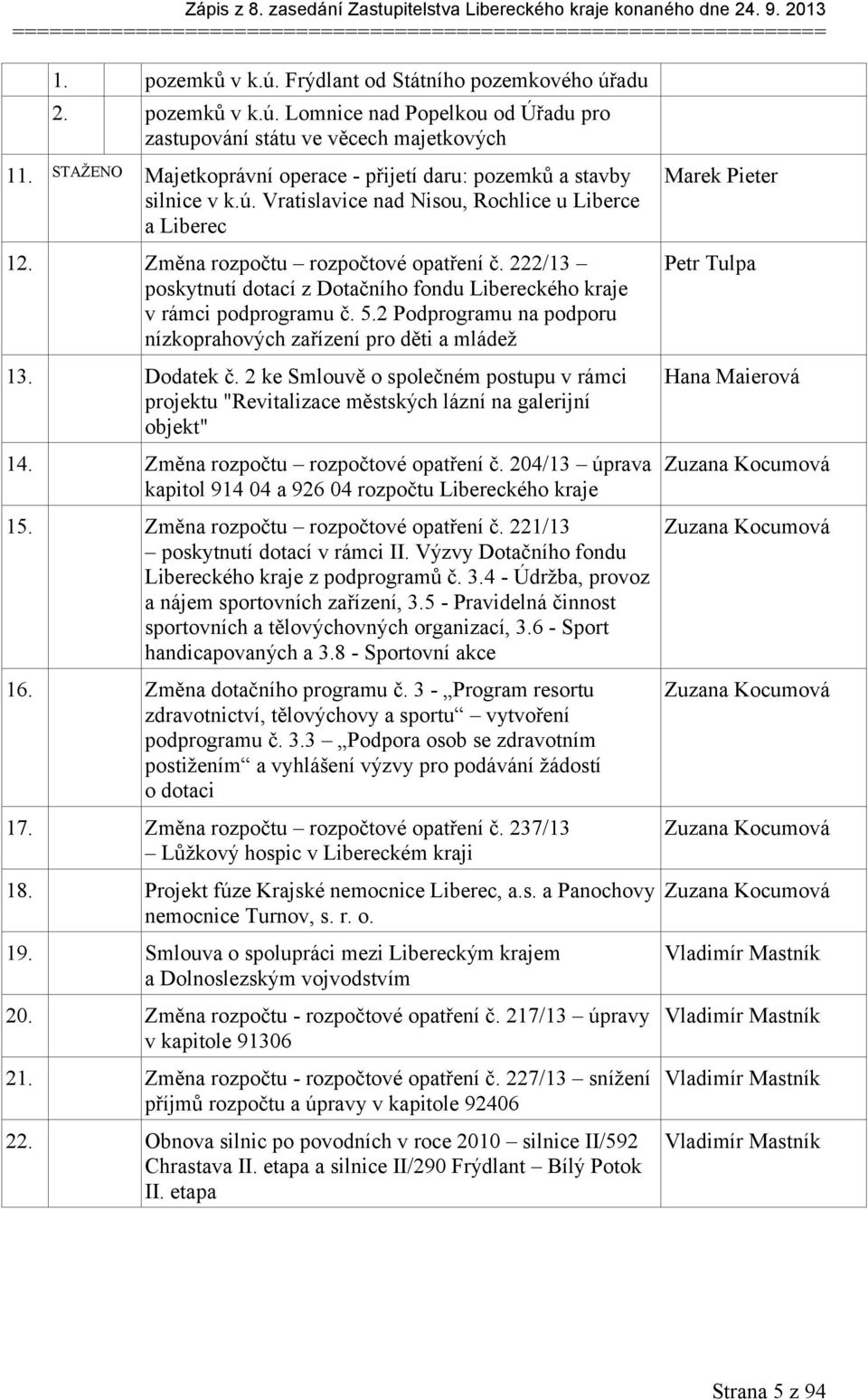 222/13 poskytnutí dotací z Dotačního fondu Libereckého kraje v rámci podprogramu č. 5.2 Podprogramu na podporu nízkoprahových zařízení pro děti a mládež 13. Dodatek č.