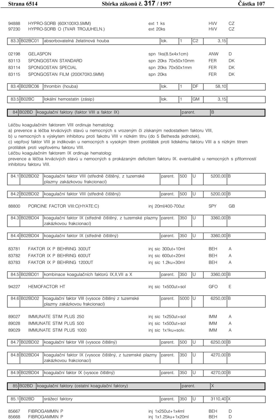 5MM) spn 20ks FER DK 83.4 B02BC06 thrombin (houba) lok. 1 DF 58,10 83.5 B02BC lokální hemostatin (zásip) lok. 1 GM 3,15 84 B02BD koagulační faktory (faktor VIII a faktor IX) parent.