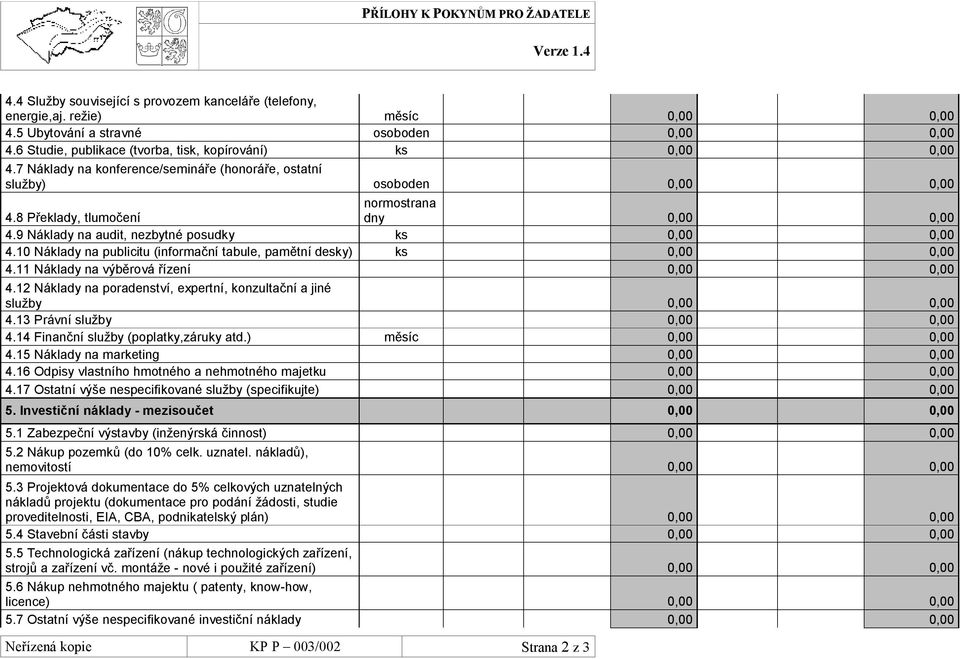 10 Náklady na publicitu (informační tabule, pamětní desky) ks 0,00 0,00 4.11 Náklady na výběrová řízení 0,00 0,00 4.12 Náklady na poradenství, expertní, konzultační a jiné služby 0,00 0,00 4.