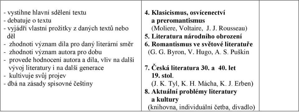 Klasicismus, osvícenectví a preromantismus (Moliere, Voltaire, J. J. Rousseau) 5. Literatura národního obrození 6. Romantismus ve světové literatuře (G. G. Byron, V.