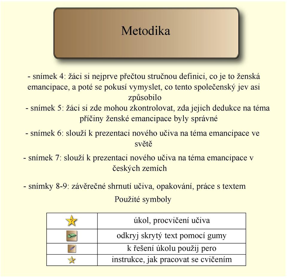 nového učiva na téma emancipace ve světě snímek 7: slouží k prezentaci nového učiva na téma emancipace v českých zemích snímky 8 9: závěrečné shrnutí