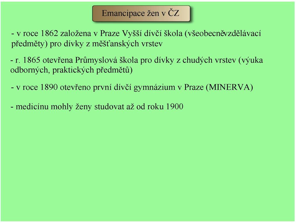 1865 otevřena Průmyslová škola pro dívky z chudých vrstev (výuka odborných,