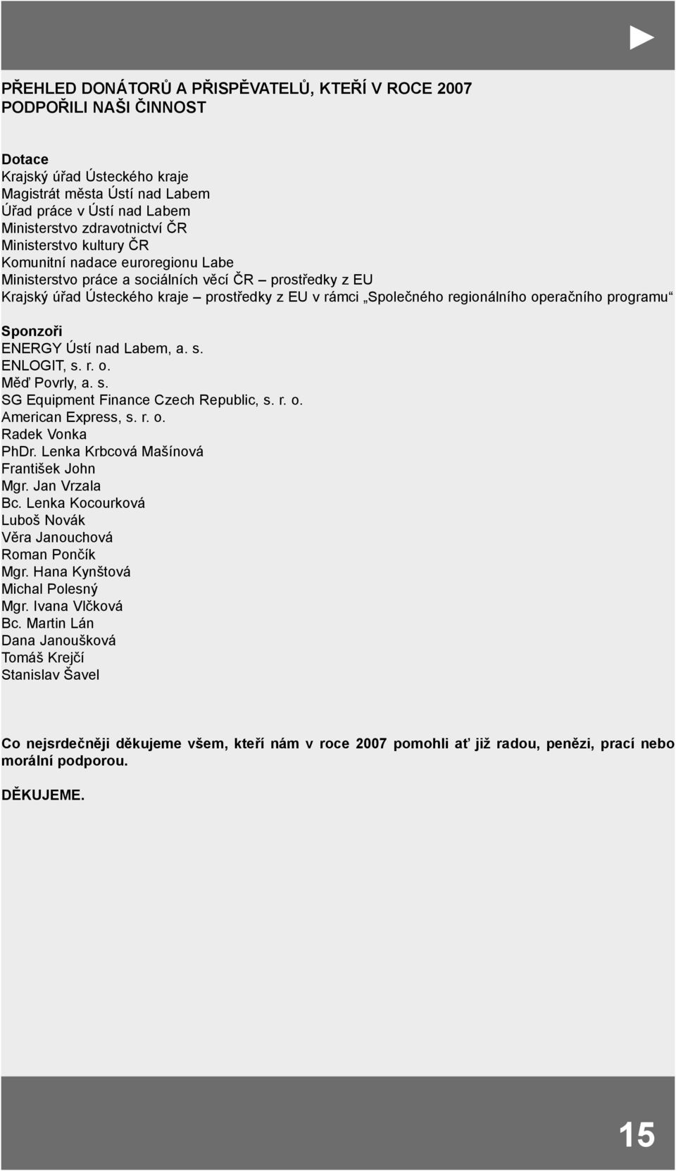 operačního programu Sponzoři ENERGY Ústí nad Labem, a. s. ENLOGIT, s. r. o. Měď Povrly, a. s. SG Equipment Finance Czech Republic, s. r. o. American Express, s. r. o. Radek Vonka PhDr.