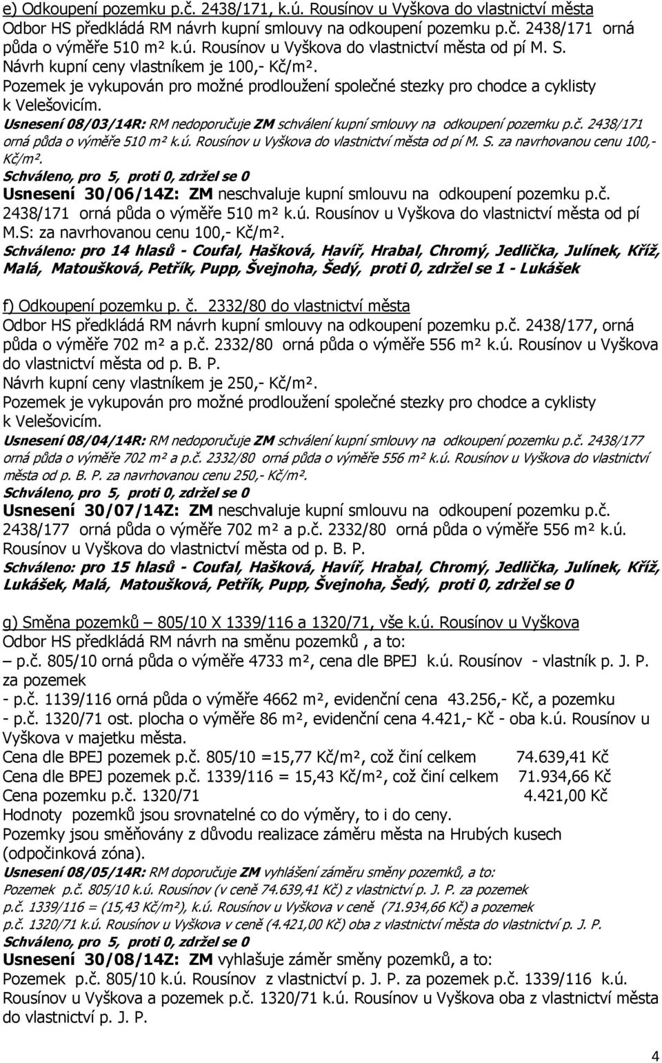 Usnesení 08/03/14R: RM nedoporučuje ZM schválení kupní smlouvy na odkoupení pozemku p.č. 2438/171 orná půda o výměře 510 m² k.ú. Rousínov u Vyškova do vlastnictví města od pí M. S.