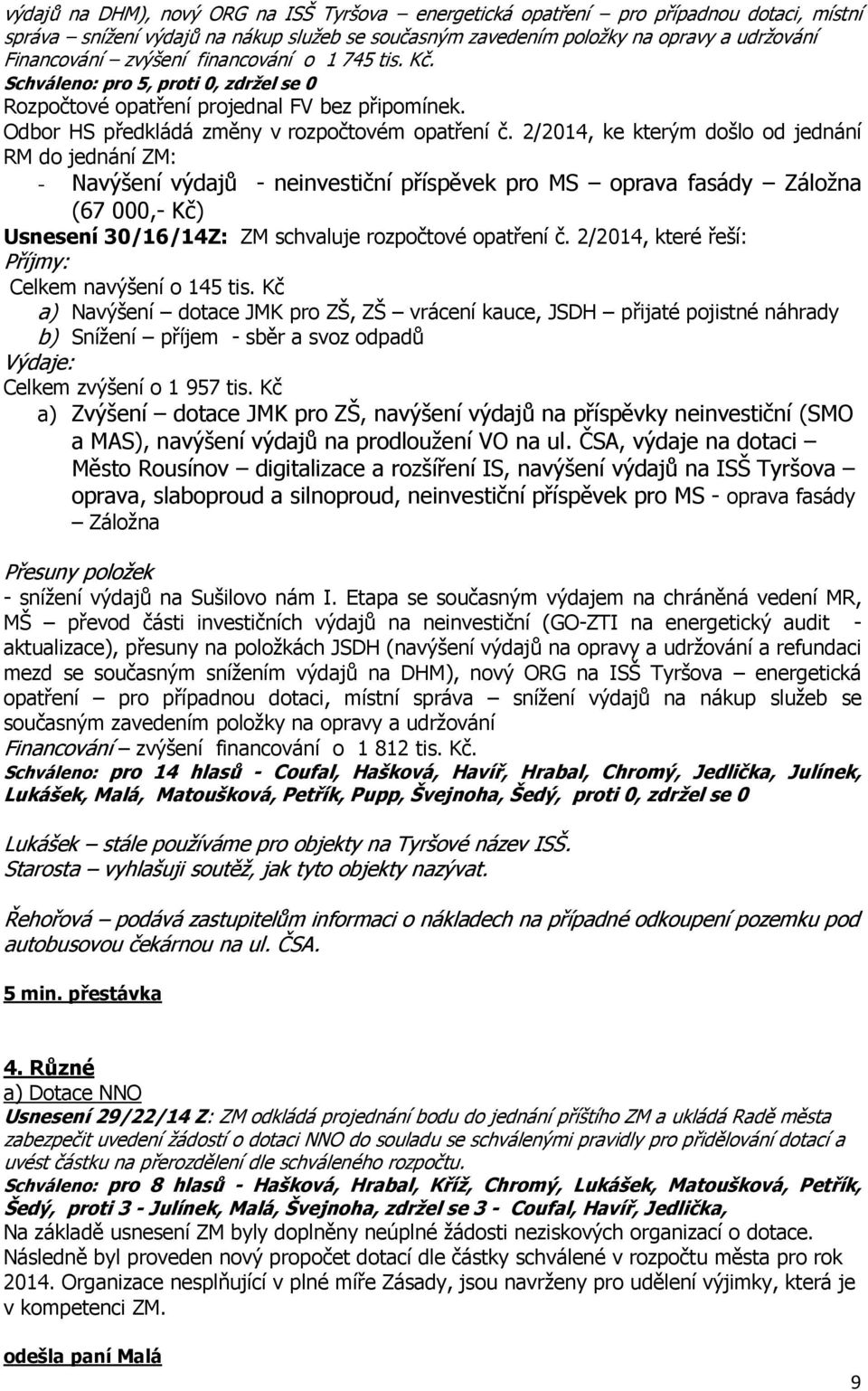 2/2014, ke kterým došlo od jednání RM do jednání ZM: - Navýšení výdajů - neinvestiční příspěvek pro MS oprava fasády Záložna (67 000,- Kč) Usnesení 30/16/14Z: ZM schvaluje rozpočtové opatření č.