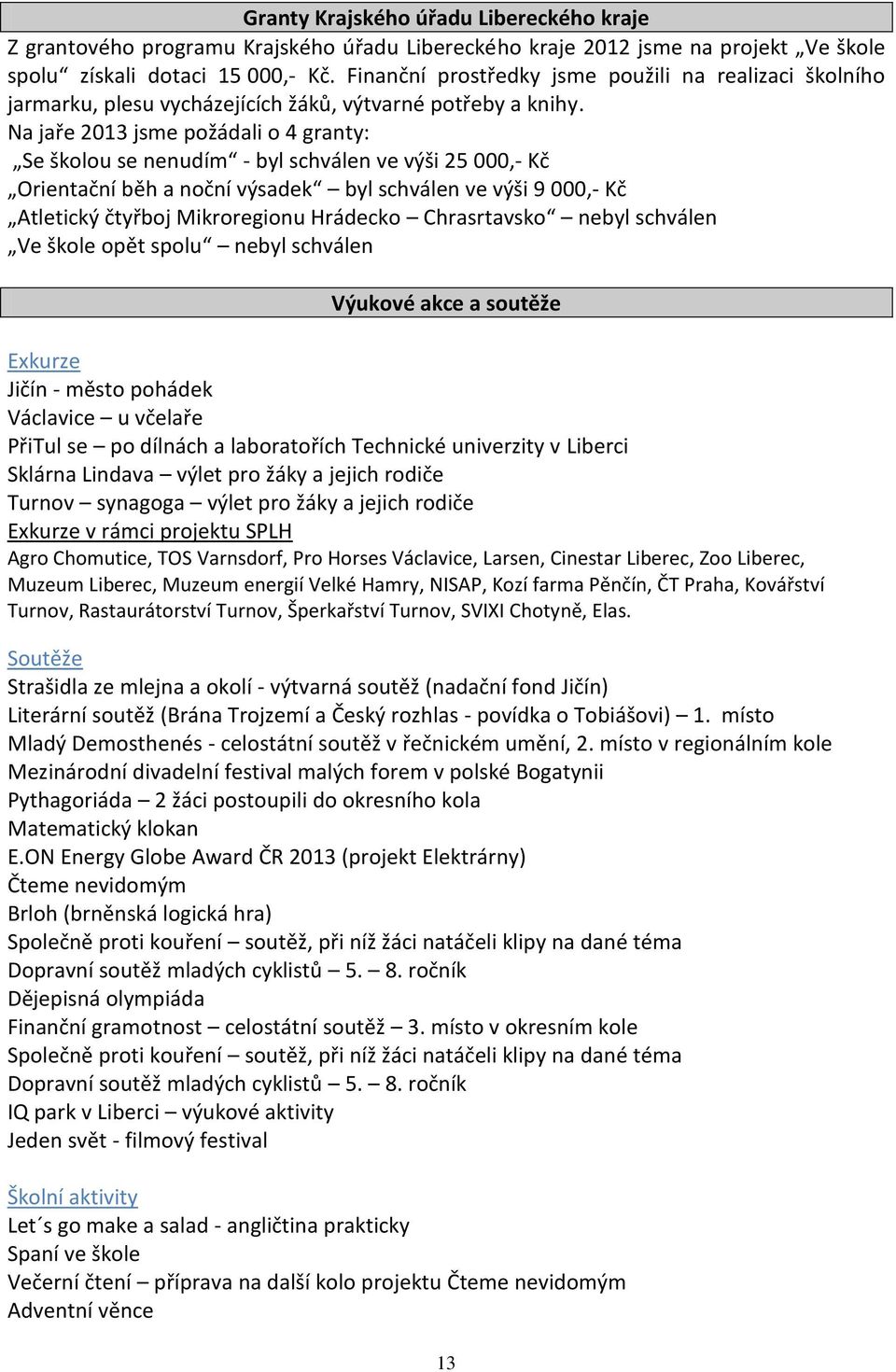 Na jaře 2013 jsme požádali o 4 granty: Se školou se nenudím - byl schválen ve výši 25 000,- Kč Orientační běh a noční výsadek byl schválen ve výši 9 000,- Kč Atletický čtyřboj Mikroregionu Hrádecko