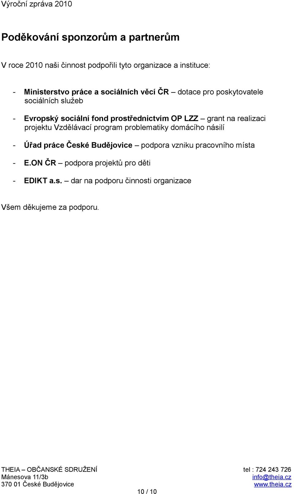 realizaci projektu Vzdělávací program problematiky domácího násilí - Úřad práce České Budějovice podpora vzniku