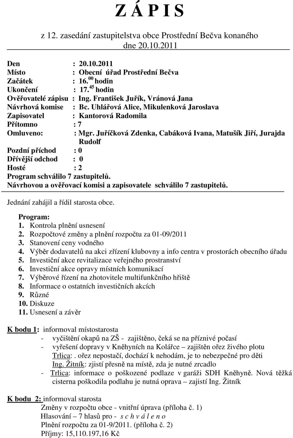 Juříčková Zdenka, Cabáková Ivana, Matušík Jiří, Jurajda Rudolf Pozdní příchod : 0 Dřívější odchod : 0 Hosté : 2 Program schválilo 7 zastupitelů.