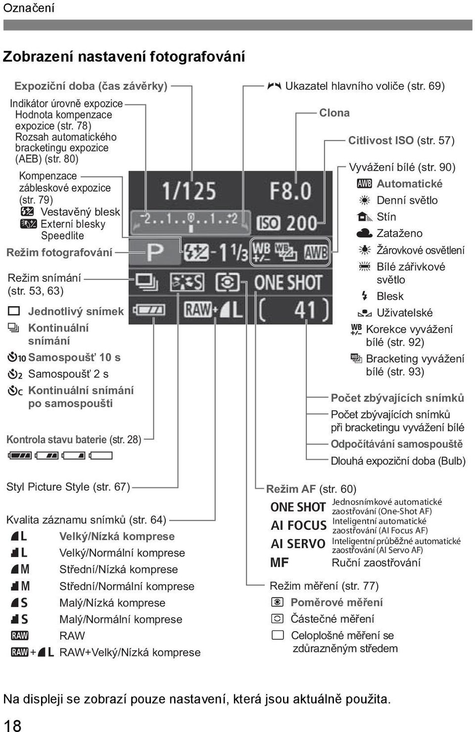 53, 63) u Jednotlivý sníme i Kontinuální snímání Samospoušť 10 s l Samospoušť 2 s q Kontinuální snímání po samospoušti Kontrola stavu baterie (str. 28) zxcn Styl Picture Style (str.