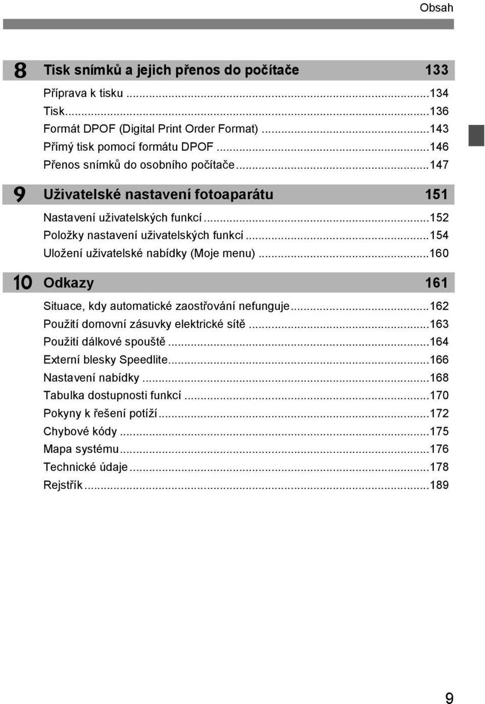 ..154 Uložení uživatelsé nabídy (Moje menu)...160 Odazy 161 Situace, dy automaticé zaostřování nefunguje...162 Použití domovní zásuvy eletricé sítě.