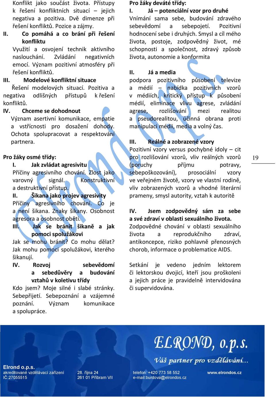 Modelové konfliktní situace Řešení modelových situací. Pozitiva a negativa odlišných přístupů k řešení konfliktů. IV.