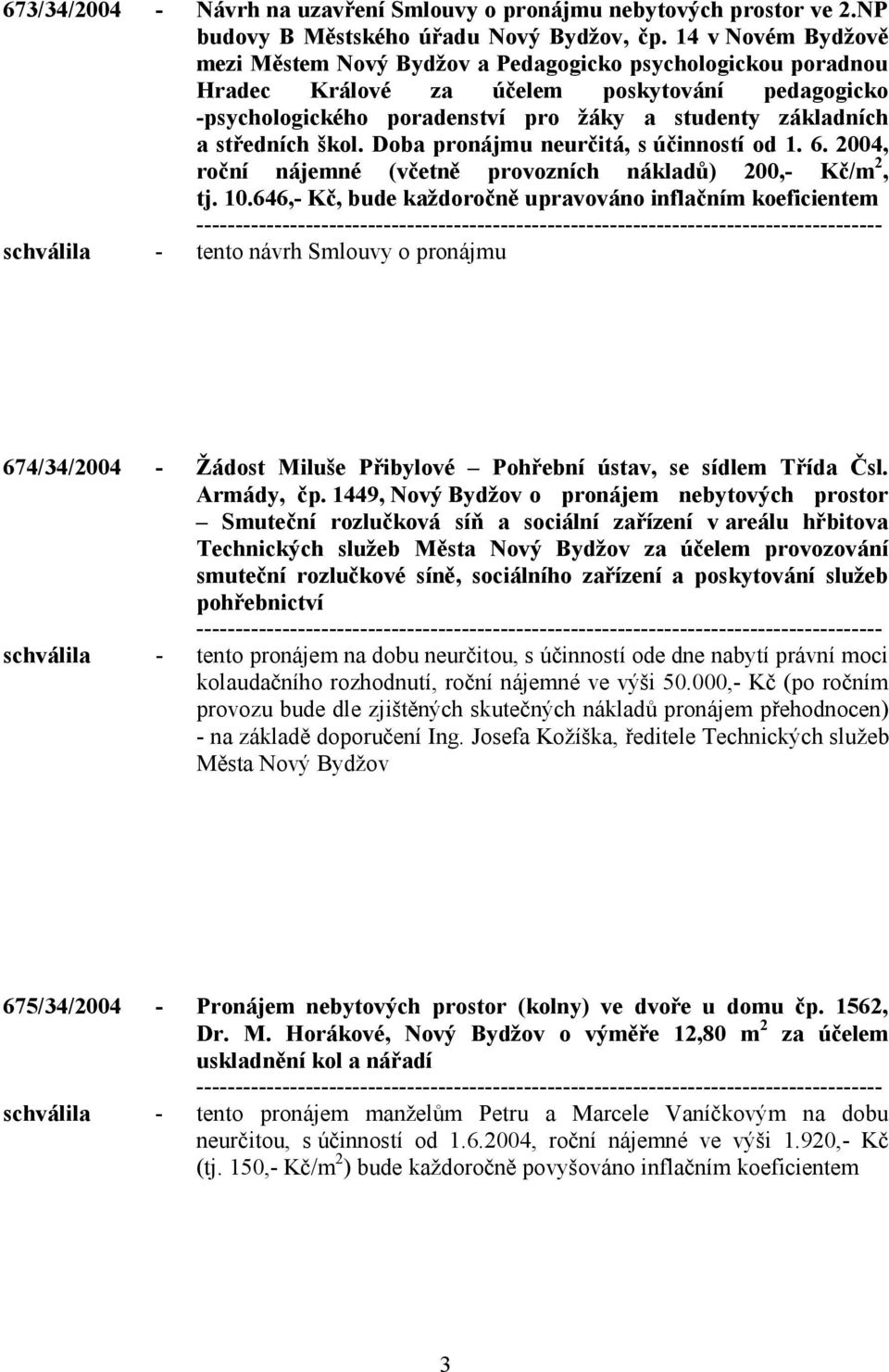 středních škol. Doba pronájmu neurčitá, s účinností od 1. 6. 2004, roční nájemné (včetně provozních nákladů) 200,- Kč/m 2, tj. 10.