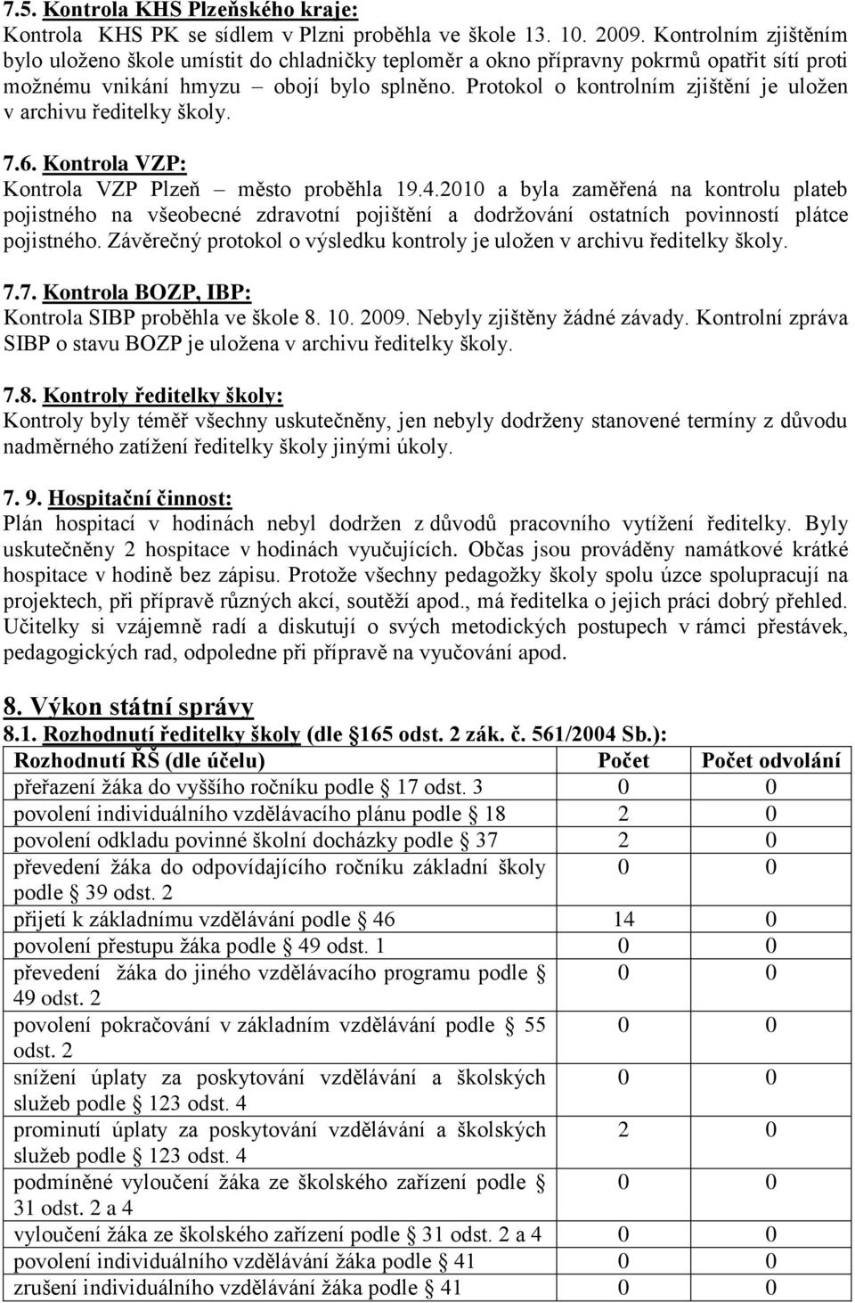 Protokol o kontrolním zjištění je uloţen v archivu ředitelky školy. 7.6. Kontrola VZP: Kontrola VZP Plzeň město proběhla 19.4.