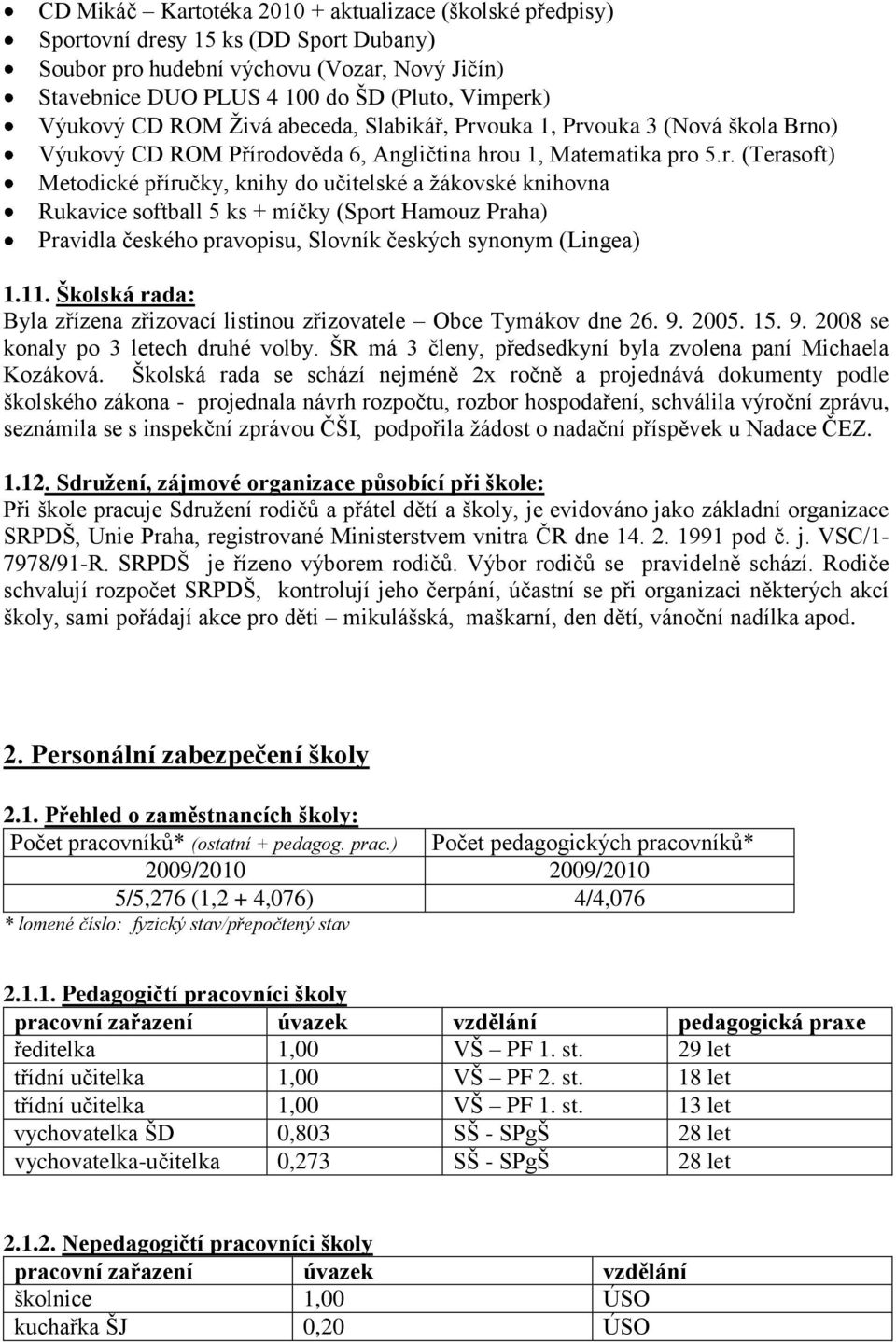 ouka 1, Prvouka 3 (Nová škola Brno) Výukový CD ROM Přírodověda 6, Angličtina hrou 1, Matematika pro 5.r. (Terasoft) Metodické příručky, knihy do učitelské a ţákovské knihovna Rukavice softball 5 ks + míčky (Sport Hamouz Praha) Pravidla českého pravopisu, Slovník českých synonym (Lingea) 1.