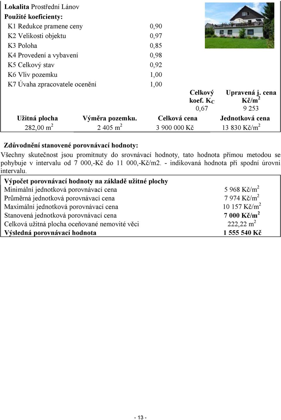 Celková cena Jednotková cena 282,00 m 2 2 405 m 2 3 900 000 Kč 13 830 Kč/m 2 Zdůvodnění stanovené porovnávací hodnoty: Všechny skutečnost jsou promítnuty do srovnávací hodnoty, tato hodnota přímou