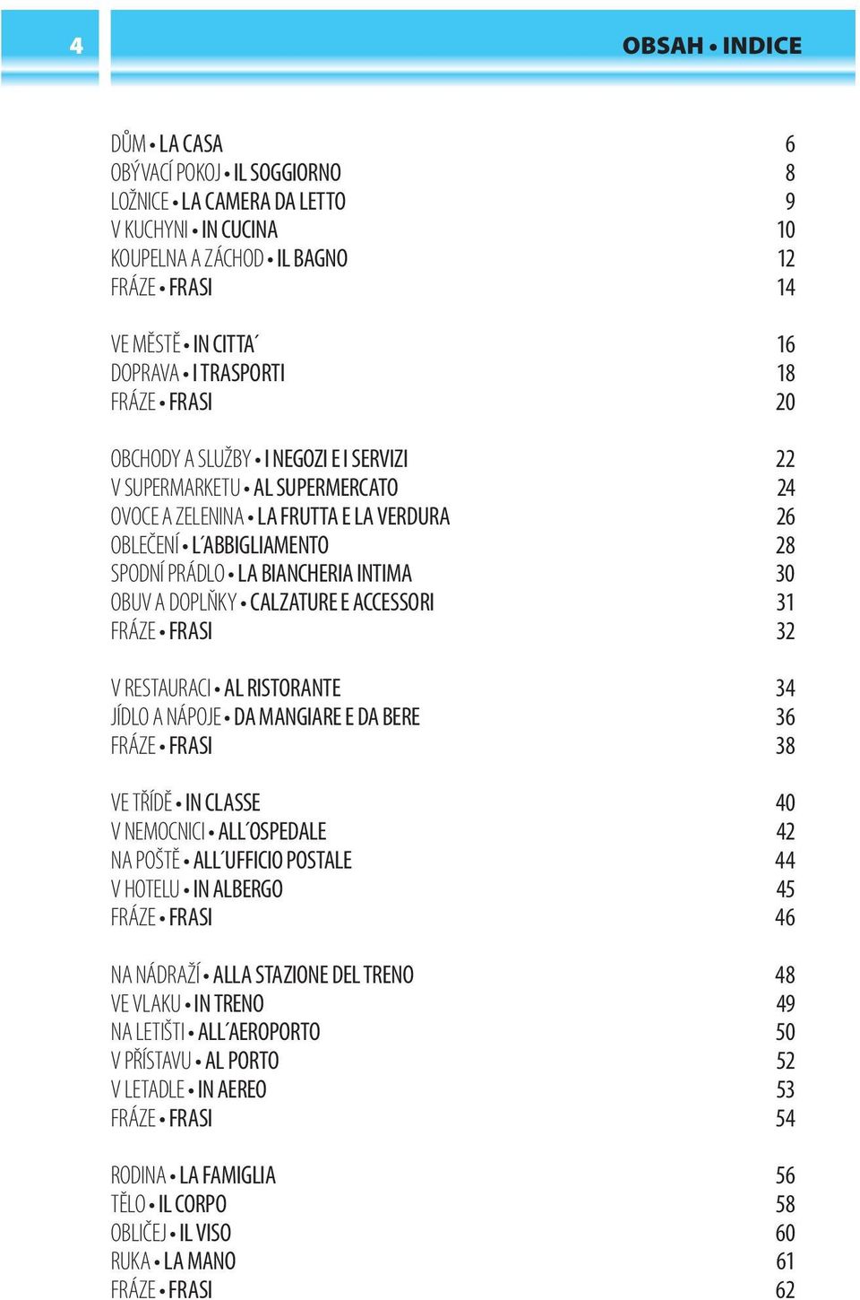 OBUV A DOPLŇKY CALZATURE E ACCESSORI 31 FRÁZE FRASI 32 V RESTAURACI AL RISTORANTE 34 JÍDLO A NÁPOJE DA MANGIARE E DA BERE 36 FRÁZE FRASI 38 VE TŘÍDĚ IN CLASSE 40 V NEMOCNICI ALL OSPEDALE 42 NA POŠTĚ