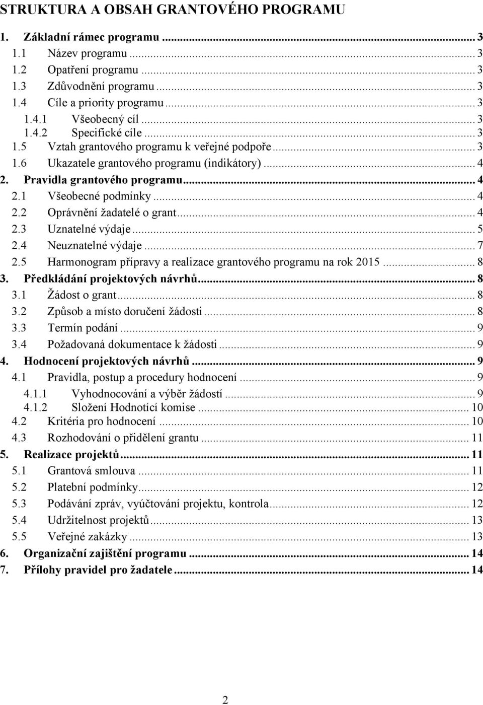 .. 4 2.2 Oprávnění žadatelé o grant... 4 2.3 Uznatelné výdaje... 5 2.4 Neuznatelné výdaje... 7 2.5 Harmonogram přípravy a realizace grantového programu na rok 2015... 8 3.