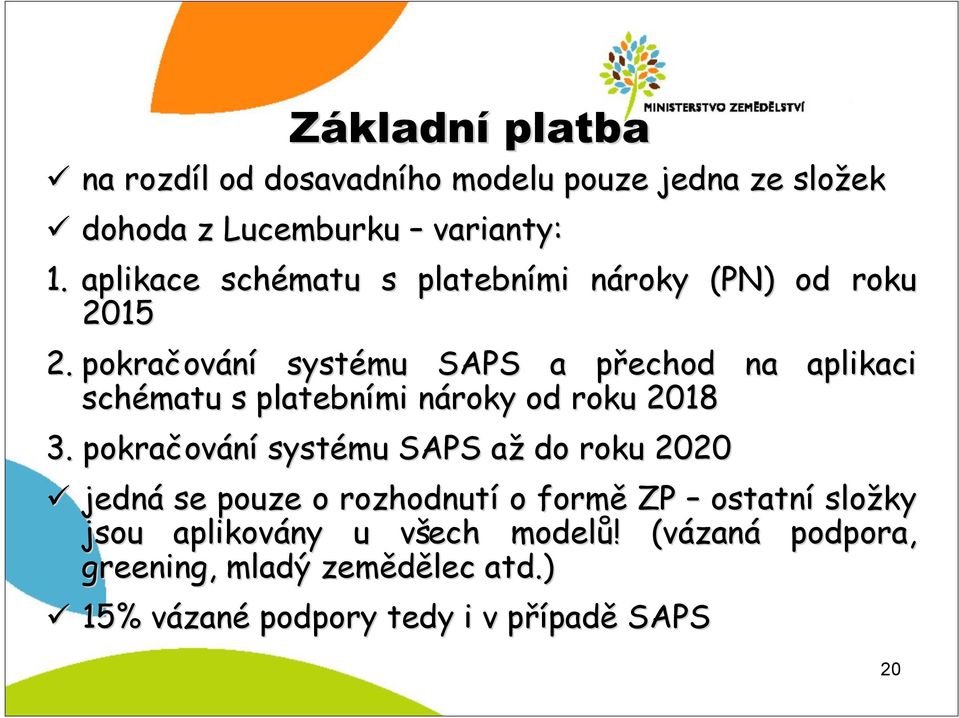 pokračov ování systému SAPS a přechod p na aplikaci schématu s platebními nároky n od roku 2018 3.