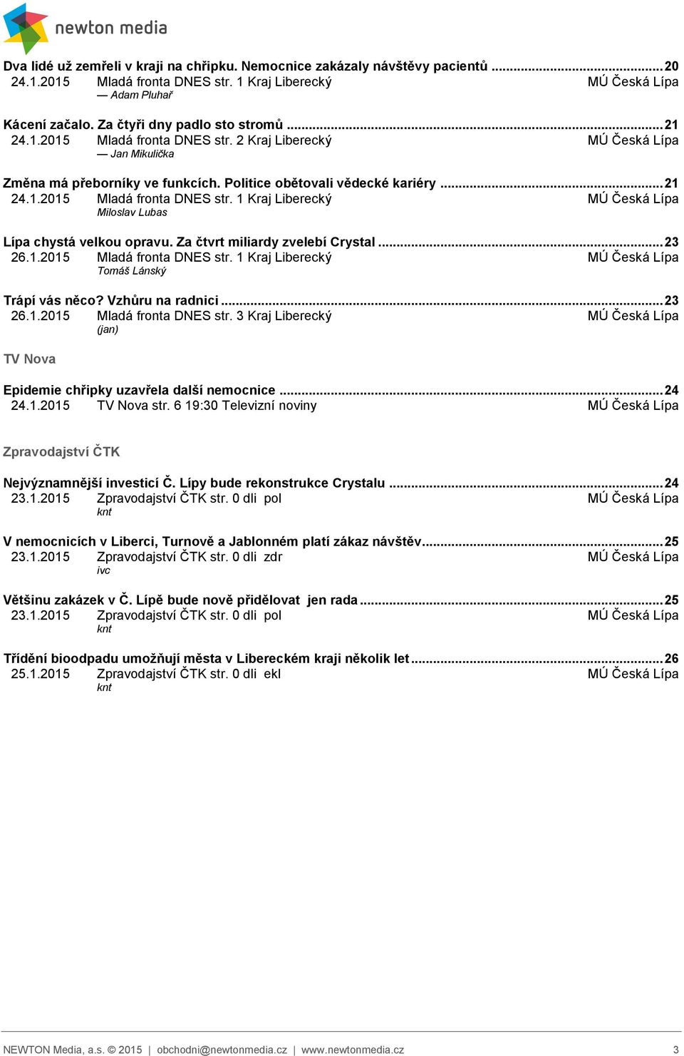 Za čtvrt miliardy zvelebí Crystal... 23 26.1.2015 Mladá fronta DNES str. 1 Kraj Liberecký MÚ Česká Lípa Tomáš Lánský Trápí vás něco? Vzhůru na radnici... 23 26.1.2015 Mladá fronta DNES str. 3 Kraj Liberecký MÚ Česká Lípa (jan) TV Nova Epidemie chřipky uzavřela další nemocnice.