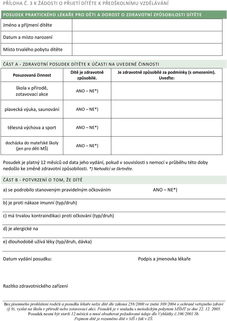 pobytu dítěte ČÁST A - ZDRAVOTNÍ POSUDEK DÍTĚTE K ÚČASTI NA UVEDENÉ ČINNOSTI Posuzovaná činnost Dítě je zdravotně způsobilé. Je zdravotně způsobilé za podmínky (s omezením).