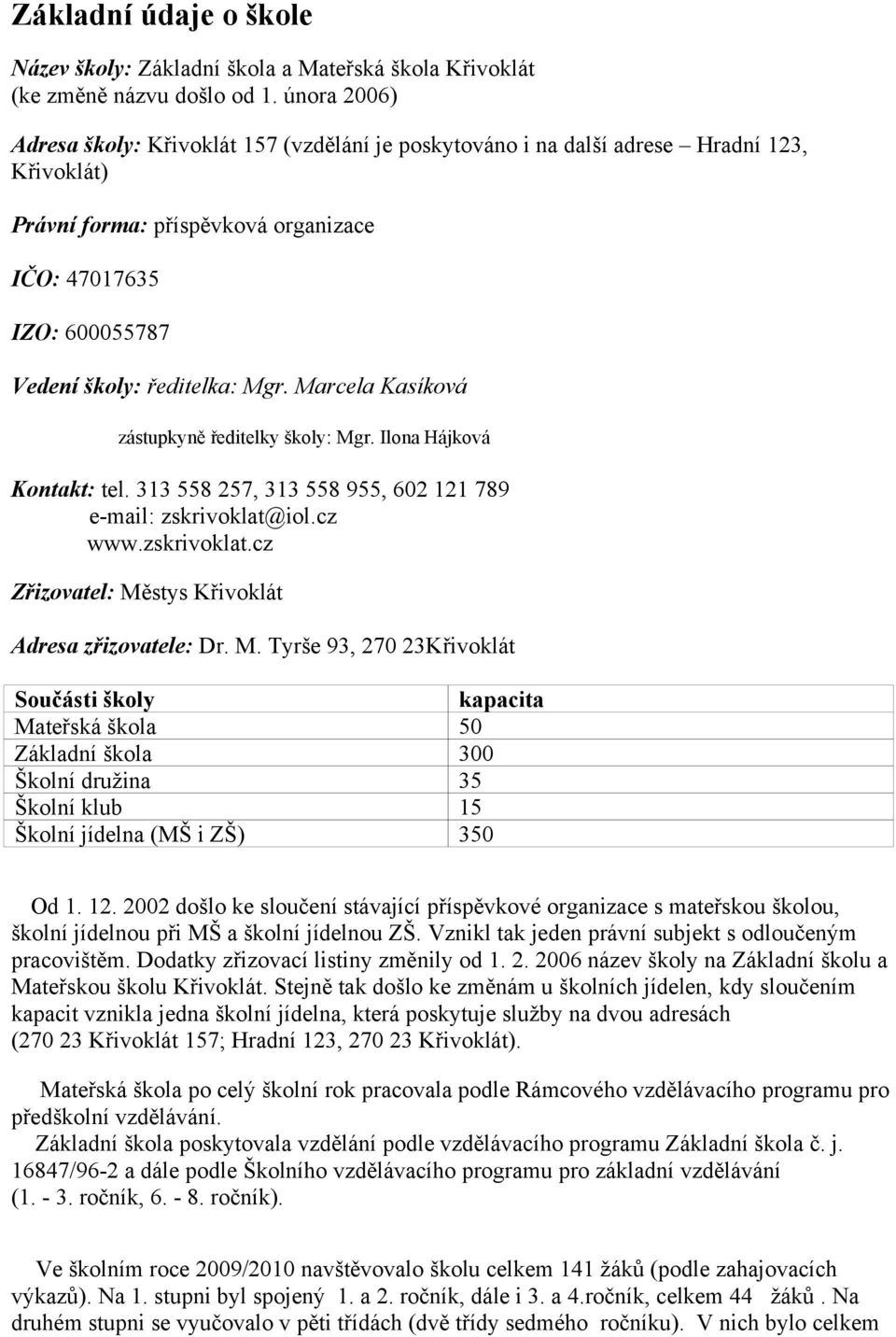 Mgr. Marcela Kasíková zástupkyně ředitelky školy: Mgr. Ilona Hájková Kontakt: tel. 313 558 257, 313 558 955, 602 121 789 e-mail: zskrivoklat@iol.cz www.zskrivoklat.cz Zřizovatel: Městys Křivoklát Adresa zřizovatele: Dr.