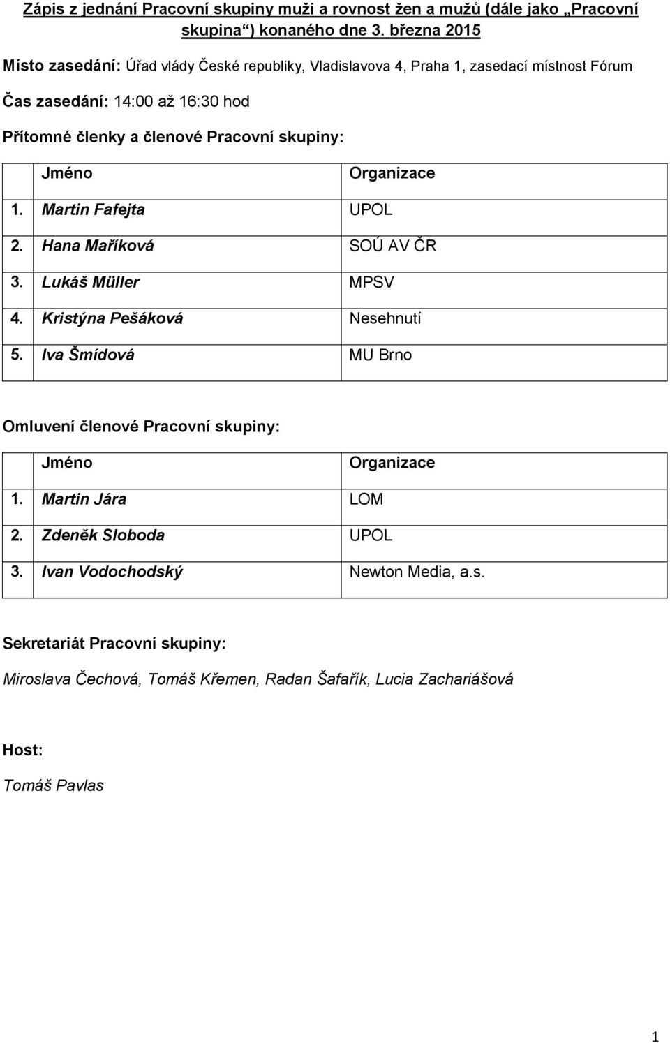 Pracovní skupiny: Jméno Organizace 1. Martin Fafejta UPOL 2. Hana Maříková SOÚ AV ČR 3. Lukáš Müller MPSV 4. Kristýna Pešáková Nesehnutí 5.