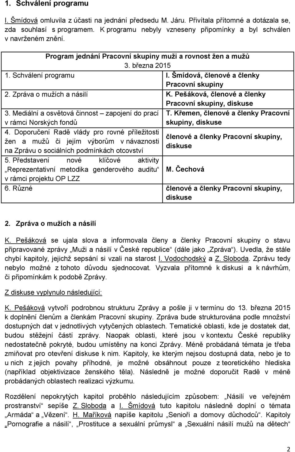 Šmídová, členové a členky Pracovní skupiny 2. Zpráva o mužích a násilí K. Pešáková, členové a členky Pracovní skupiny, diskuse 3.