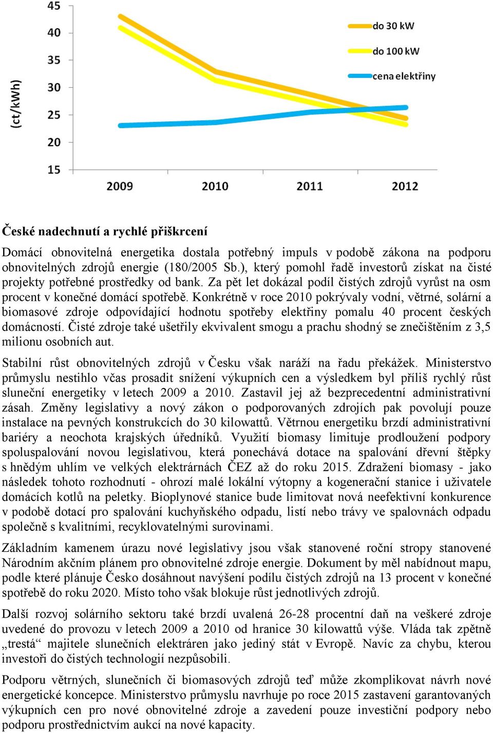 Konkrétně v roce 2010 pokrývaly vodní, větrné, solární a biomasové zdroje odpovídající hodnotu spotřeby elektřiny pomalu 40 procent českých domácností.