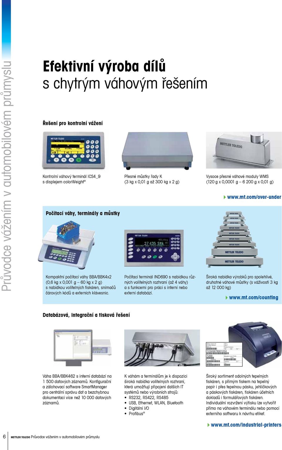 Přesné můstky řady K (3 kg x 0,01 g až 300 kg x 2 g) Počítací terminál IND690 s nabídkou různých volitelných rozhraní (až 4 váhy) a s funkcemi pro práci s interní nebo externí databází.