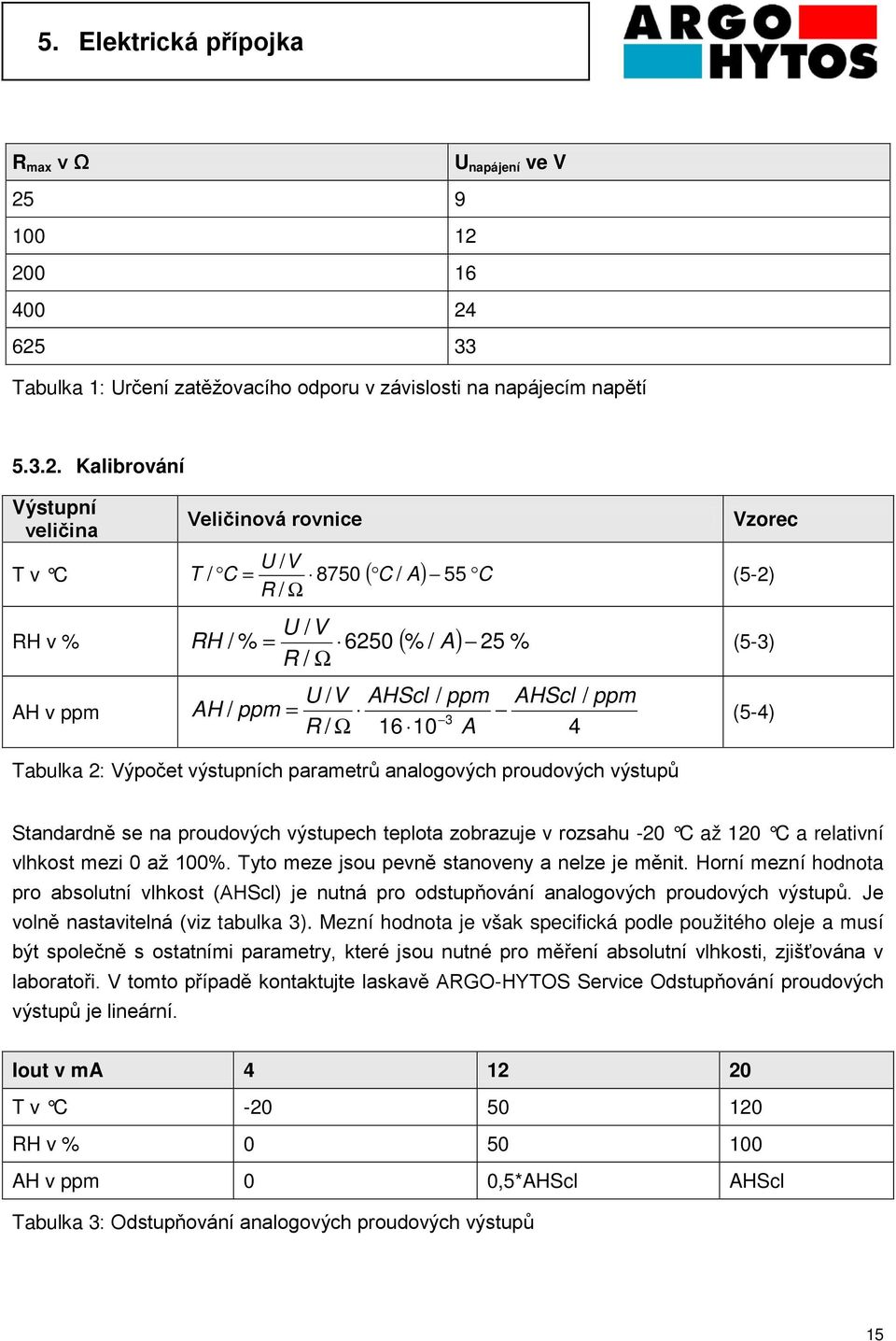 200 16 400 24 625 33 Tabulka 1: Určení zatěžovacího odporu v závislosti na napájecím napětí 5.3.2. Kalibrování Výstupní veličina Veličinová rovnice T v C ( C A) C Vzorec U / V T / C = 8750 / 55 (5-2)