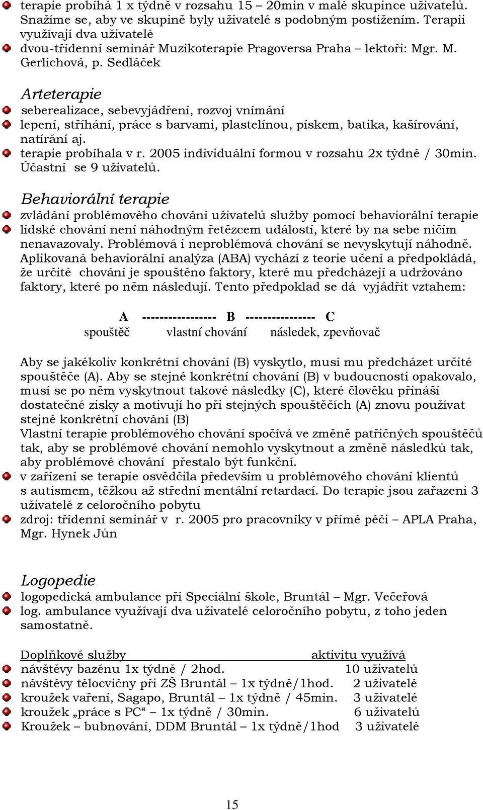 Sedláček Arteterapie seberealizace, sebevyjádření, rozvoj vnímání lepení, stříhání, práce s barvami, plastelínou, pískem, batika, kašírování, natírání aj. terapie probíhala v r.