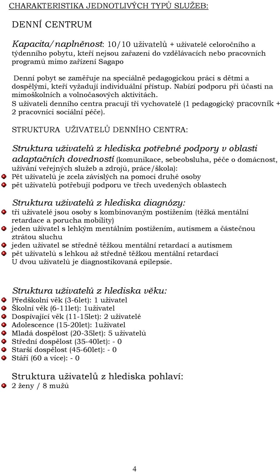 Nabízí podporu při účasti na mimoškolních a volnočasových aktivitách. S uživateli denního centra pracují tři vychovatelé (1 pedagogický pracovník + 2 pracovníci sociální péče).