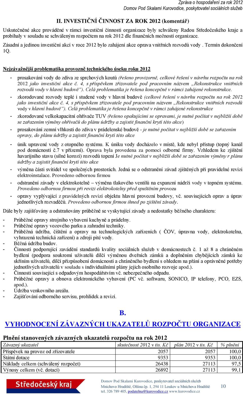 Nejzávažnější problematika provozně technického úseku roku 2012 - prosakování vody do zdiva ze sprchových koutů (řešeno provizorně, celkové řešení v návrhu rozpočtu na rok 2012 jako investiční akce č.