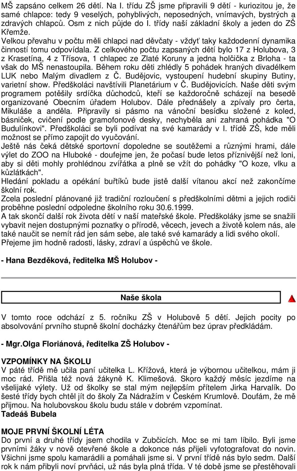 Z celkového počtu zapsaných dětí bylo 17 z Holubova, 3 z Krasetína, 4 z Třísova, 1 chlapec ze Zlaté Koruny a jedna holčička z Brloha - ta však do MŠ nenastoupila.