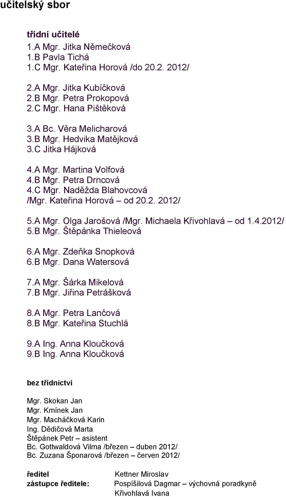 Michaela Křivohlavá od 1.4.2012/ 5.B Mgr. Štěpánka Thieleová 6.A Mgr. Zdeňka Snopková 6.B Mgr. Dana Watersová 7.A Mgr. Šárka Mikelová 7.B Mgr. Jiřina Petrášková 8.A Mgr. Petra Lančová 8.B Mgr. Kateřina Stuchlá 9.