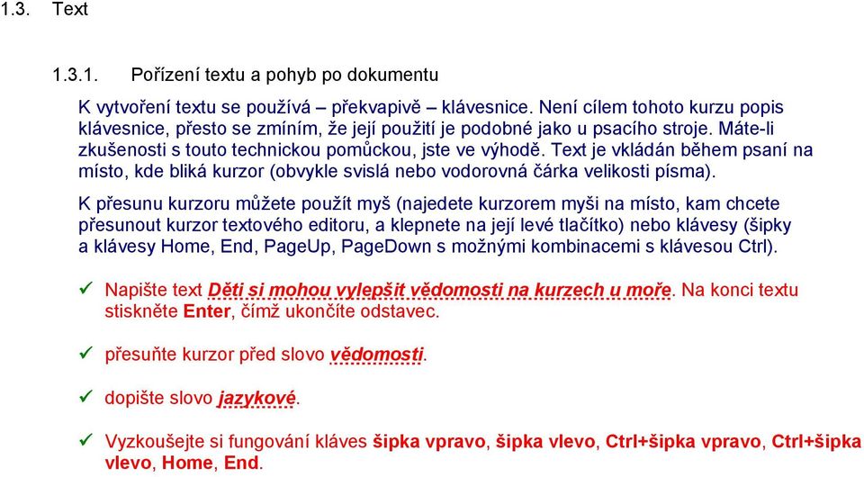 Text je vkládán během psaní na místo, kde bliká kurzor (obvykle svislá nebo vodorovná čárka velikosti písma).