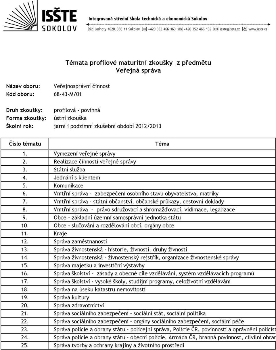 Vnitřní správa - právo sdružovací a shromažďovací, vidimace, legalizace 9. Obce - základní územní samosprávní jednotka státu 10. Obce - slučování a rozdělování obcí, orgány obce 11. Kraje 12.