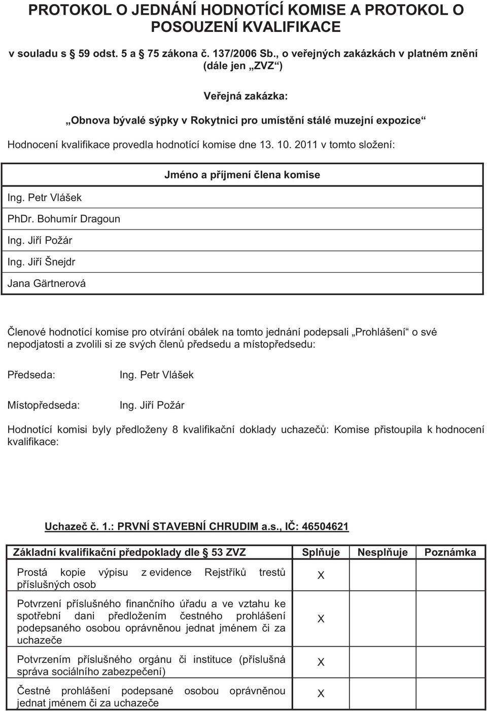 2011 v tomto složení: Jméno a příjmení člena komise Ing. Petr Vlášek PhDr. Bohumír Dragoun Ing. Jiří Požár Ing.