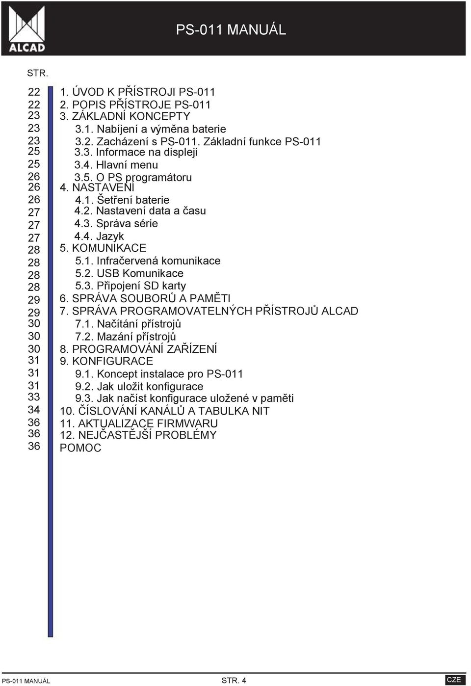 KOMUNIKACE 5.1. Infračervená komunikace 5.2. USB Komunikace 5.3. Připojení SD karty 6. SPRÁVA SOUBORŮ A PAMĚTI 7. SPRÁVA PROGRAMOVATELNÝCH PŘÍSTROJŮ ALCAD 7.1. Načítání přístrojů 7.2. Mazání přístrojů 8.