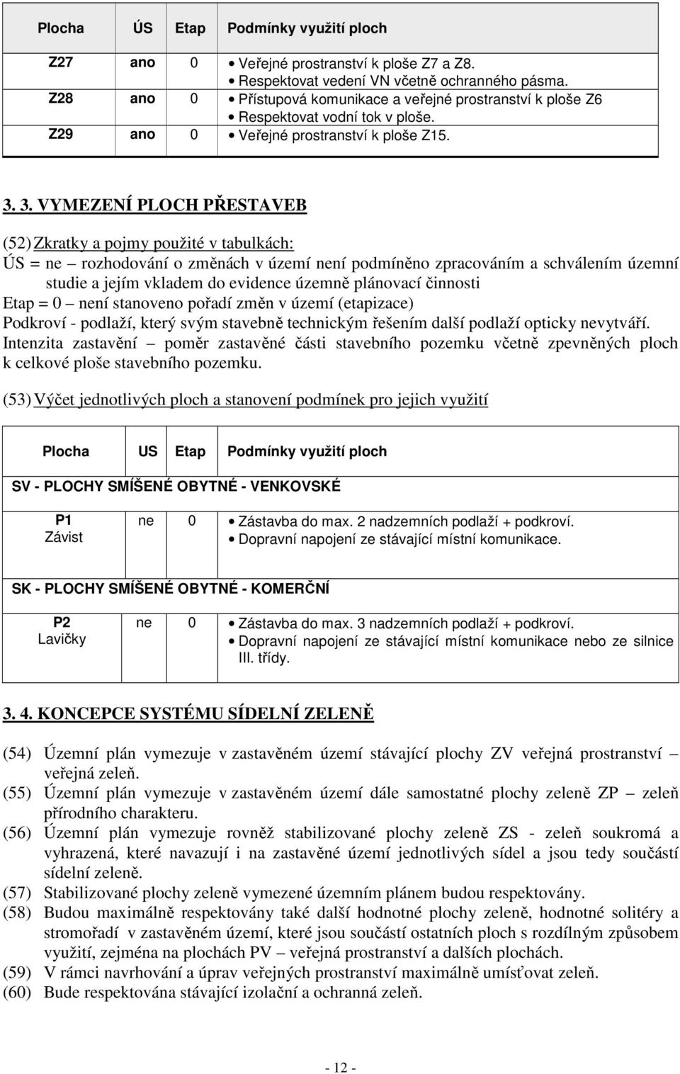 3. VYMEZENÍ PLOCH PŘESTAVEB (52) Zkratky a pojmy použité v tabulkách: ÚS = ne rozhodování o změnách v území není podmíněno zpracováním a schválením územní studie a jejím vkladem do evidence územně